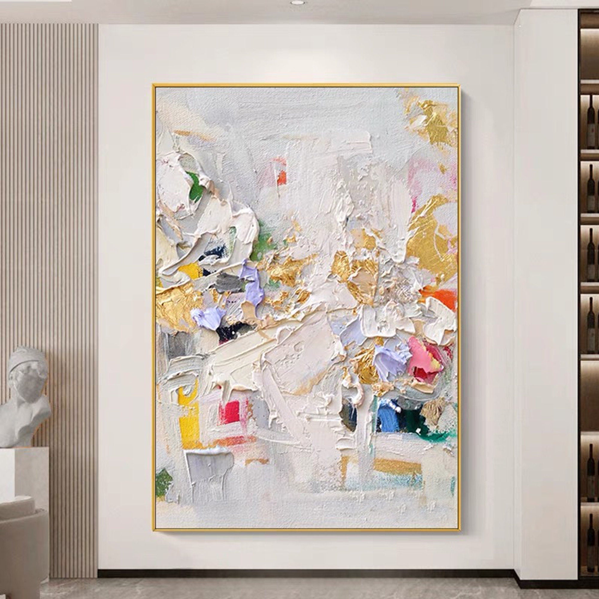 Golden Blossom-Vertical Abstract Textured Oil Painting in Gold & Lavender