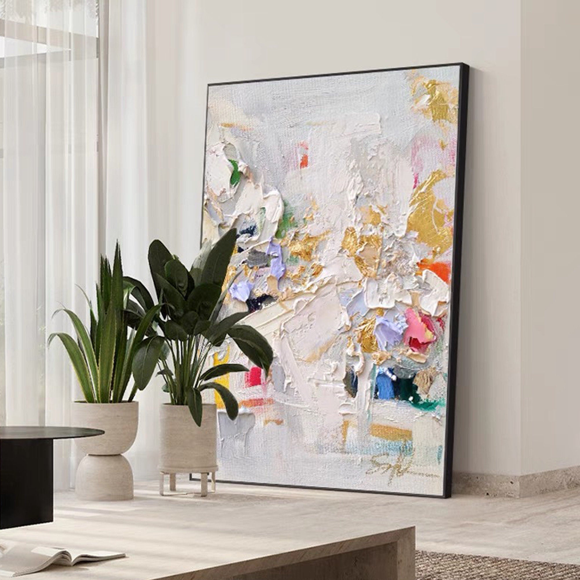 Golden Blossom-Vertical Abstract Textured Oil Painting in Gold & Lavender