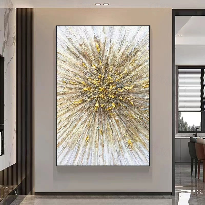 Golden Burst-Vertical Abstract Textured Canvas Painting for Modern Interiors