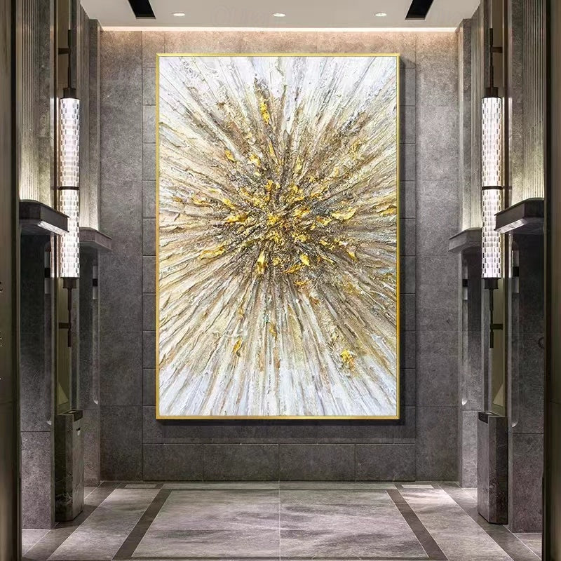 Golden Burst-Vertical Abstract Textured Canvas Painting for Modern Interiors
