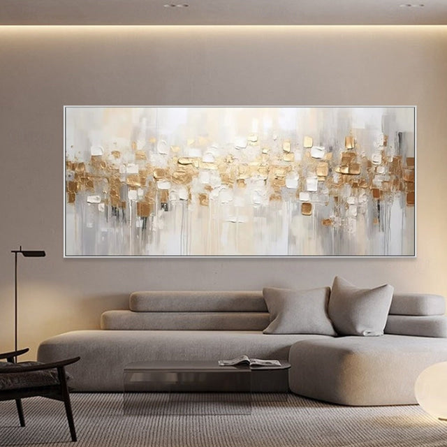 Golden Cascade – Luxury Gold & White Abstract Textured Canvas Painting (Horizontal)