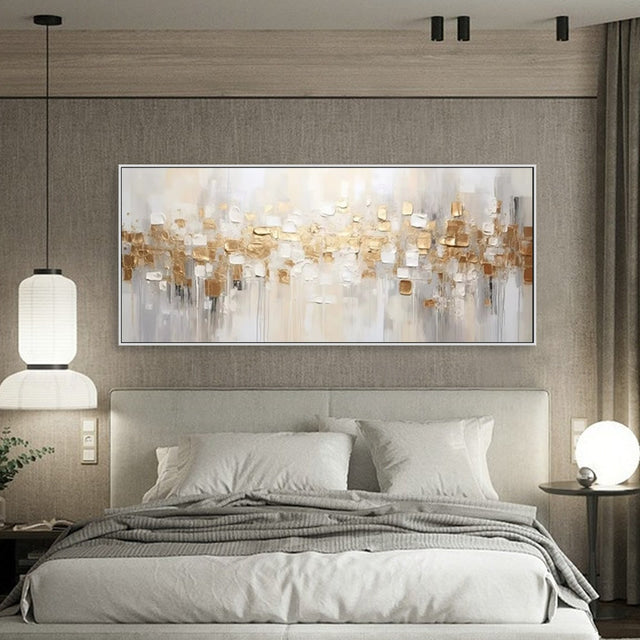 Golden Cascade – Luxury Gold & White Abstract Textured Canvas Painting (Horizontal)