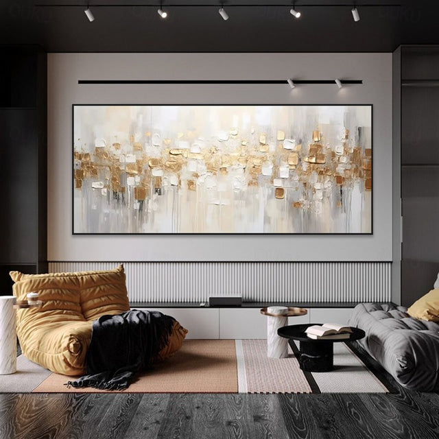 Golden Cascade – Luxury Gold & White Abstract Textured Canvas Painting (Horizontal)