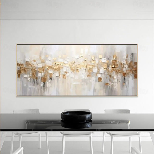 Golden Cascade – Luxury Gold & White Abstract Textured Canvas Painting (Horizontal)