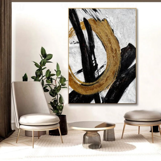 Golden Circle-Abstract Black and Gold Minimalist Oil Painting for Modern Wall Decor