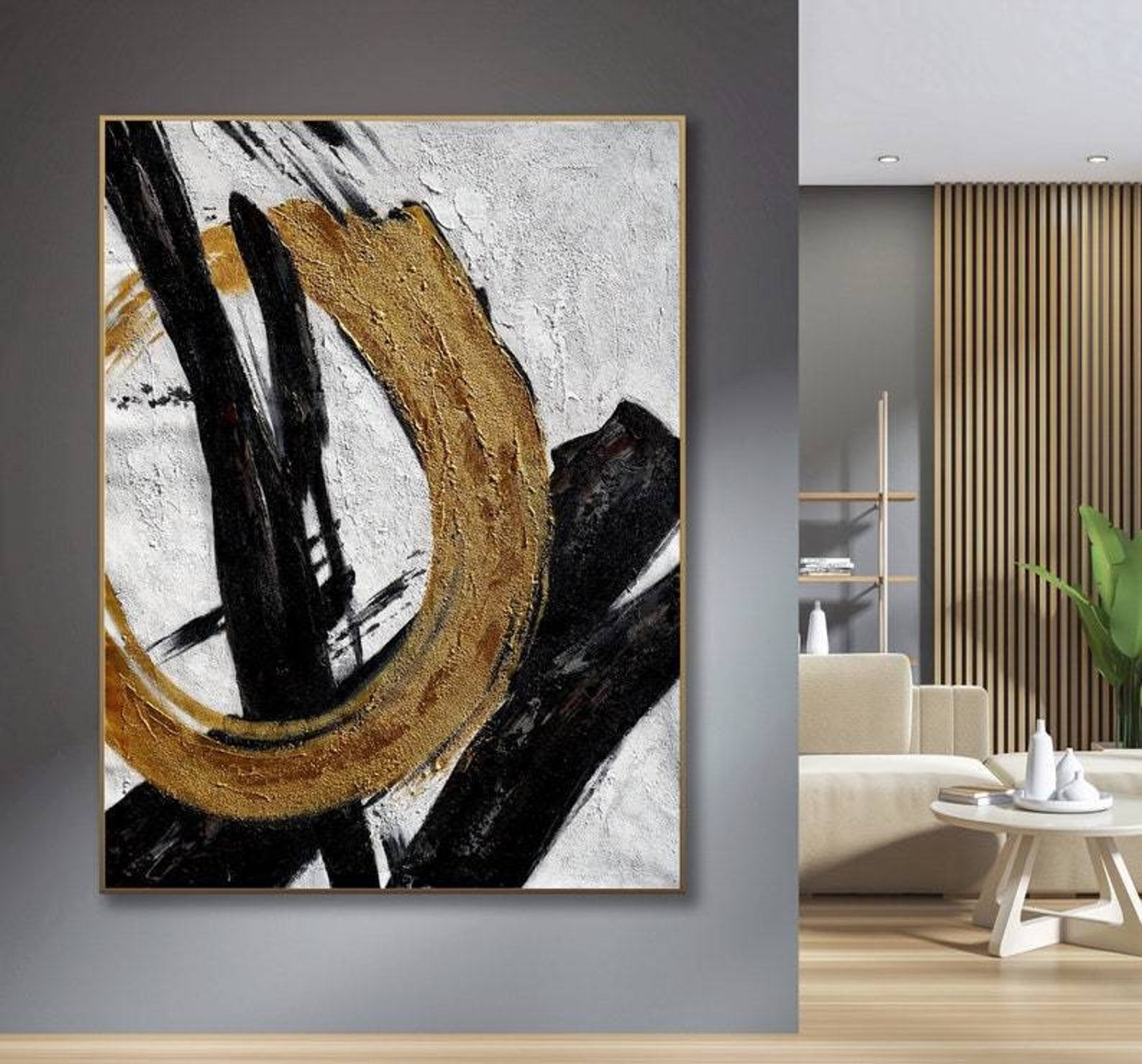 Golden Circle-Abstract Black and Gold Minimalist Oil Painting for Modern Wall Decor