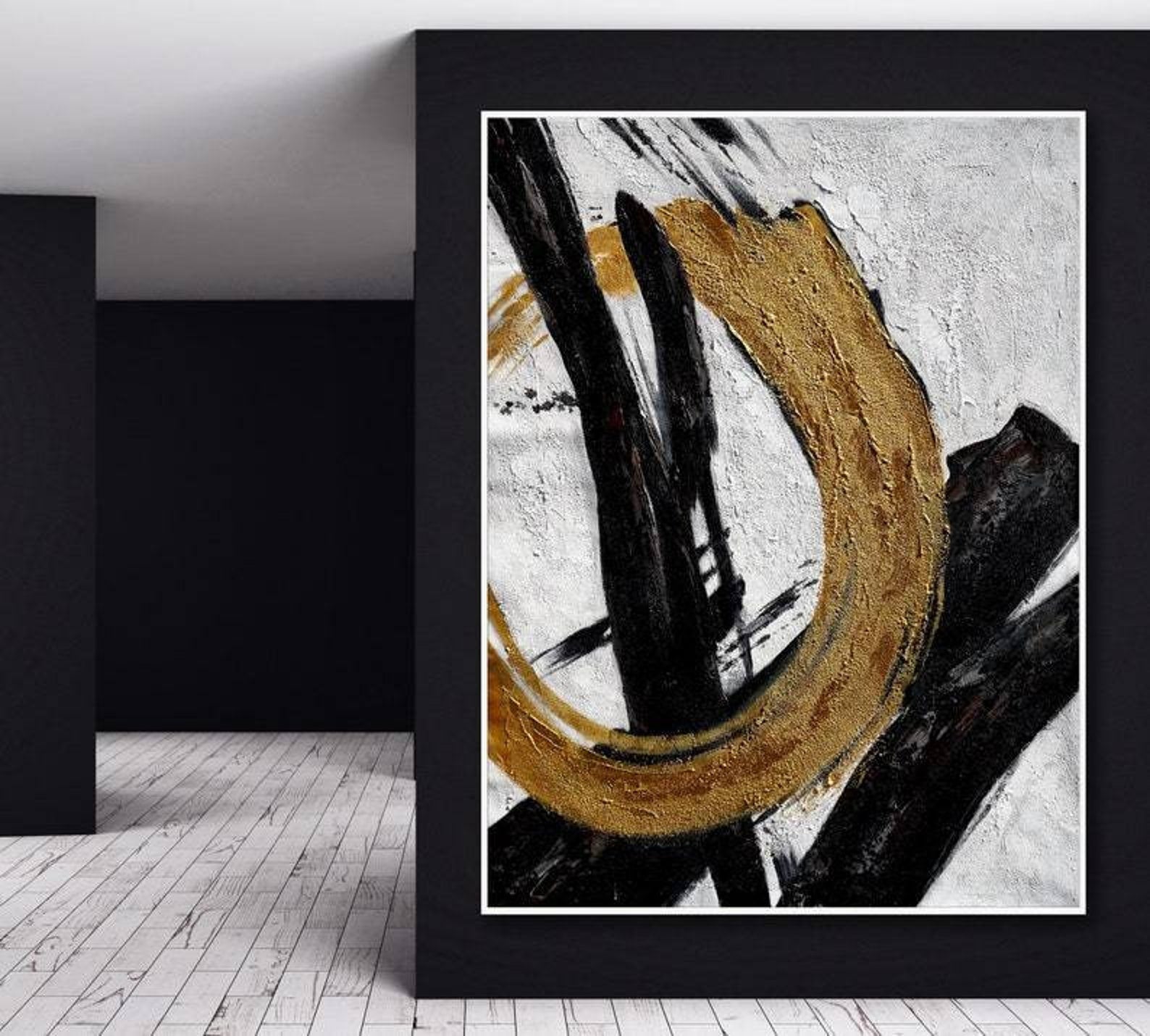 Golden Circle-Abstract Black and Gold Minimalist Oil Painting for Modern Wall Decor