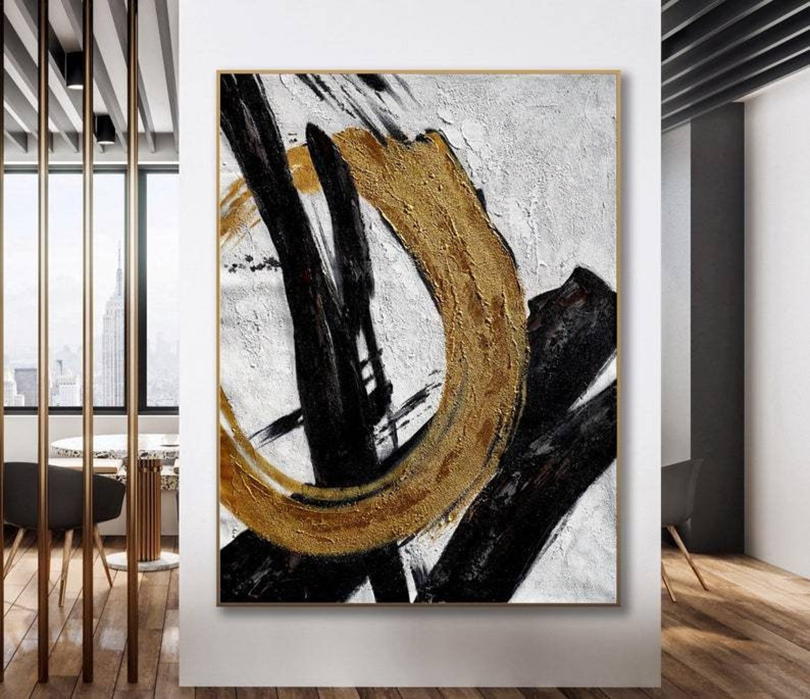 Golden Circle-Abstract Black and Gold Minimalist Oil Painting for Modern Wall Decor