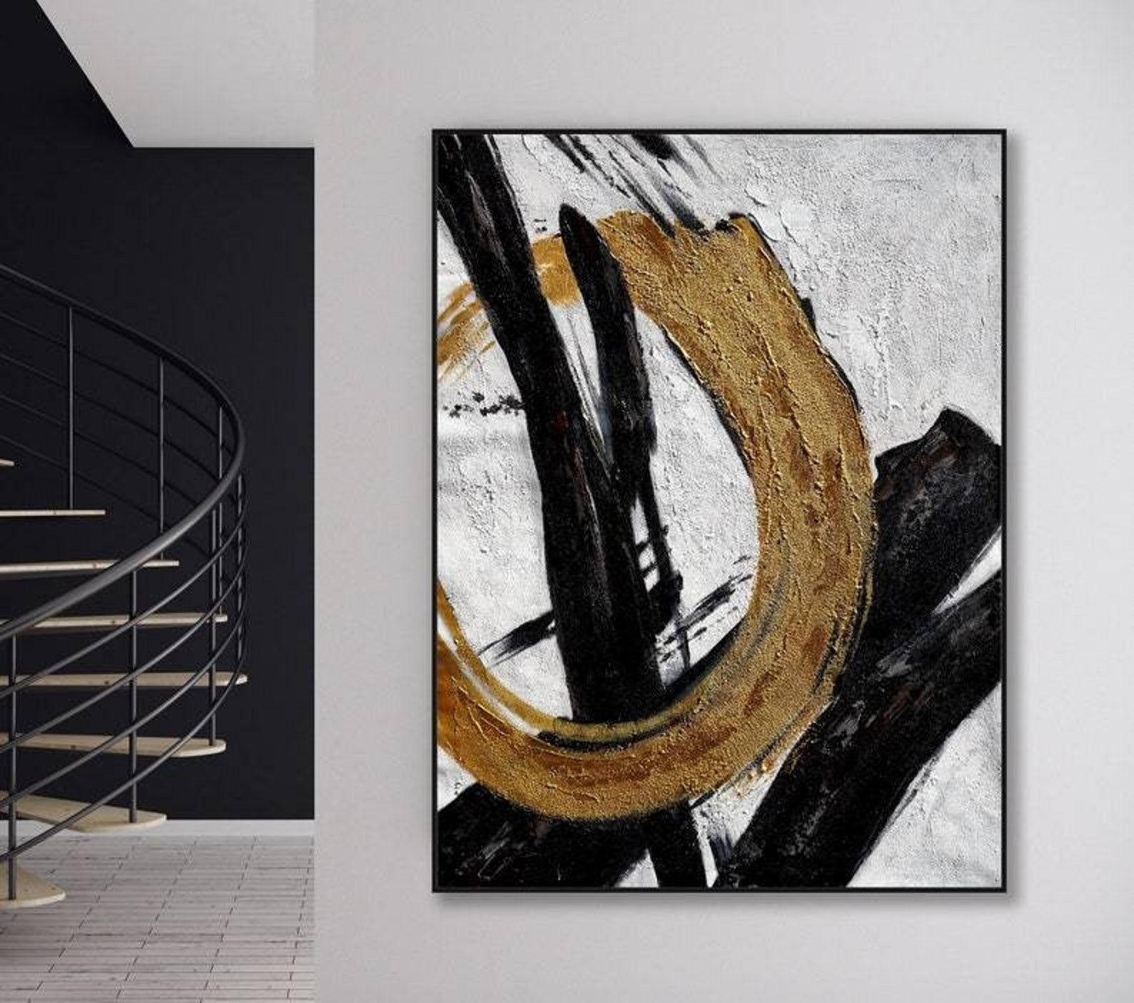 Golden Circle-Abstract Black and Gold Minimalist Oil Painting for Modern Wall Decor