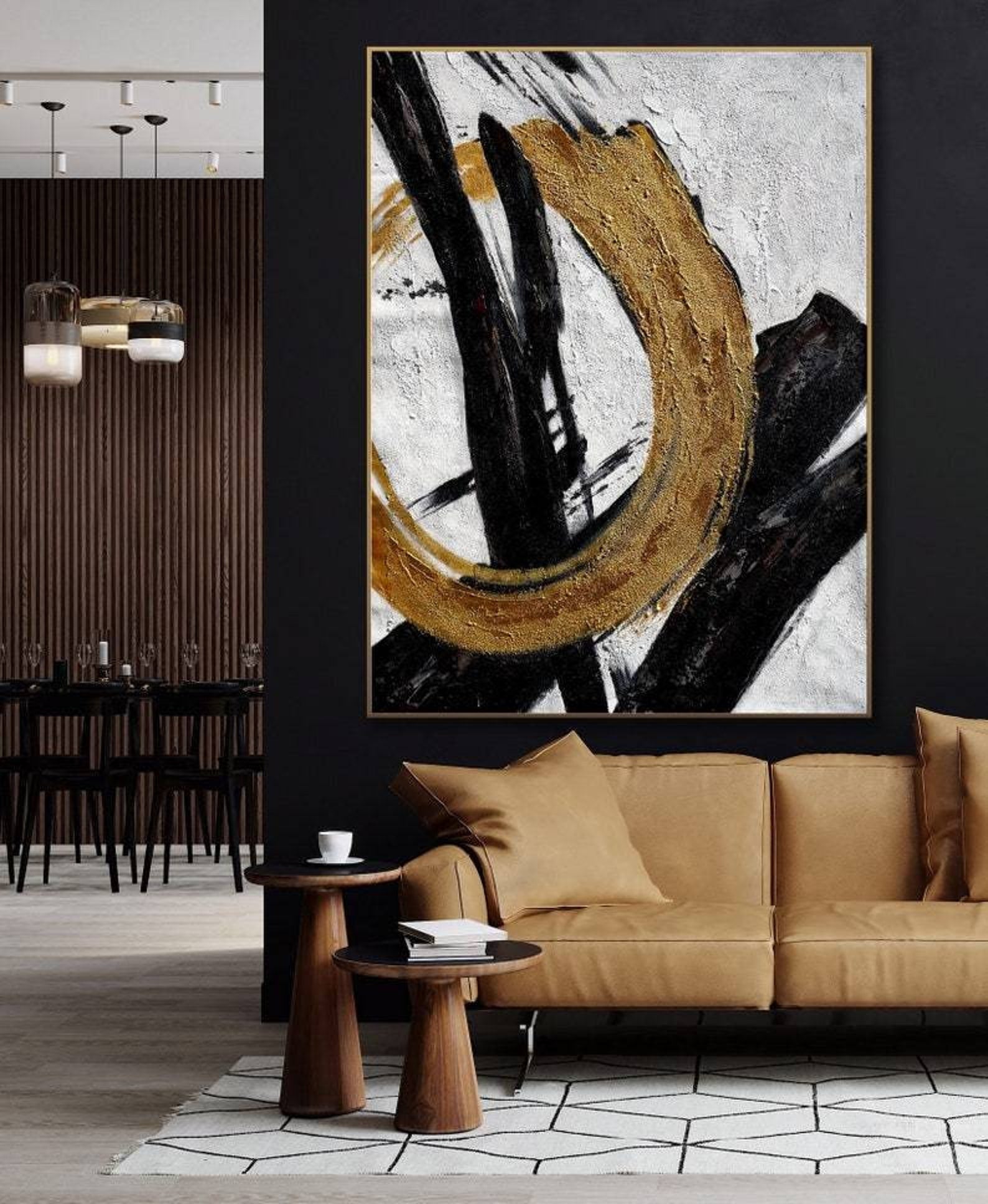 Golden Circle-Abstract Black and Gold Minimalist Oil Painting for Modern Wall Decor