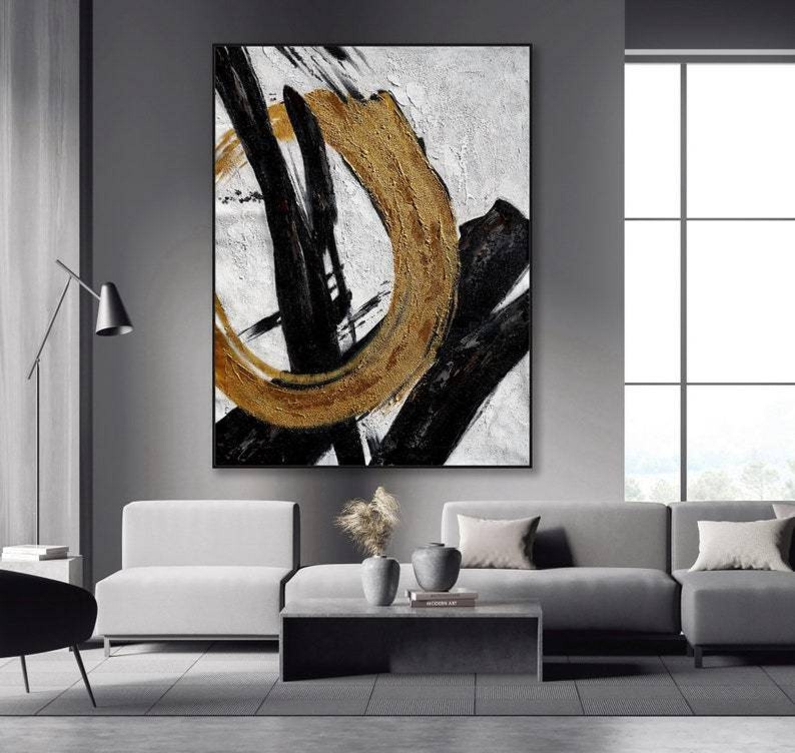 Golden Circle-Abstract Black and Gold Minimalist Oil Painting for Modern Wall Decor