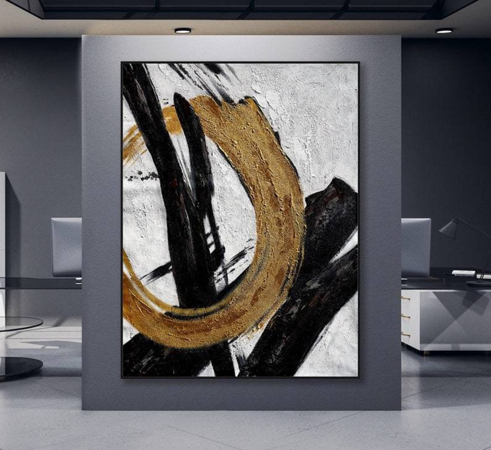 Golden Circle-Abstract Black and Gold Minimalist Oil Painting for Modern Wall Decor