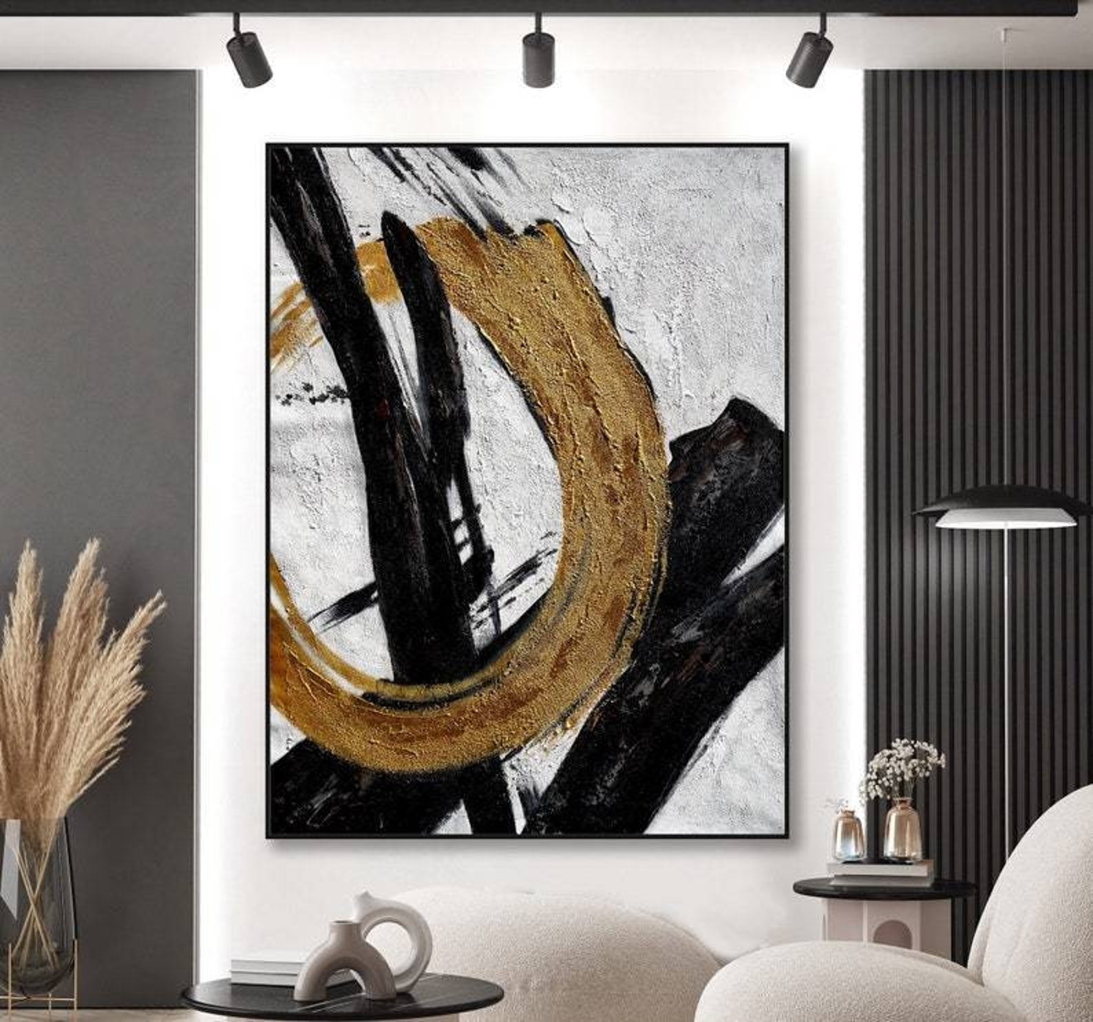 Golden Circle-Abstract Black and Gold Minimalist Oil Painting for Modern Wall Decor