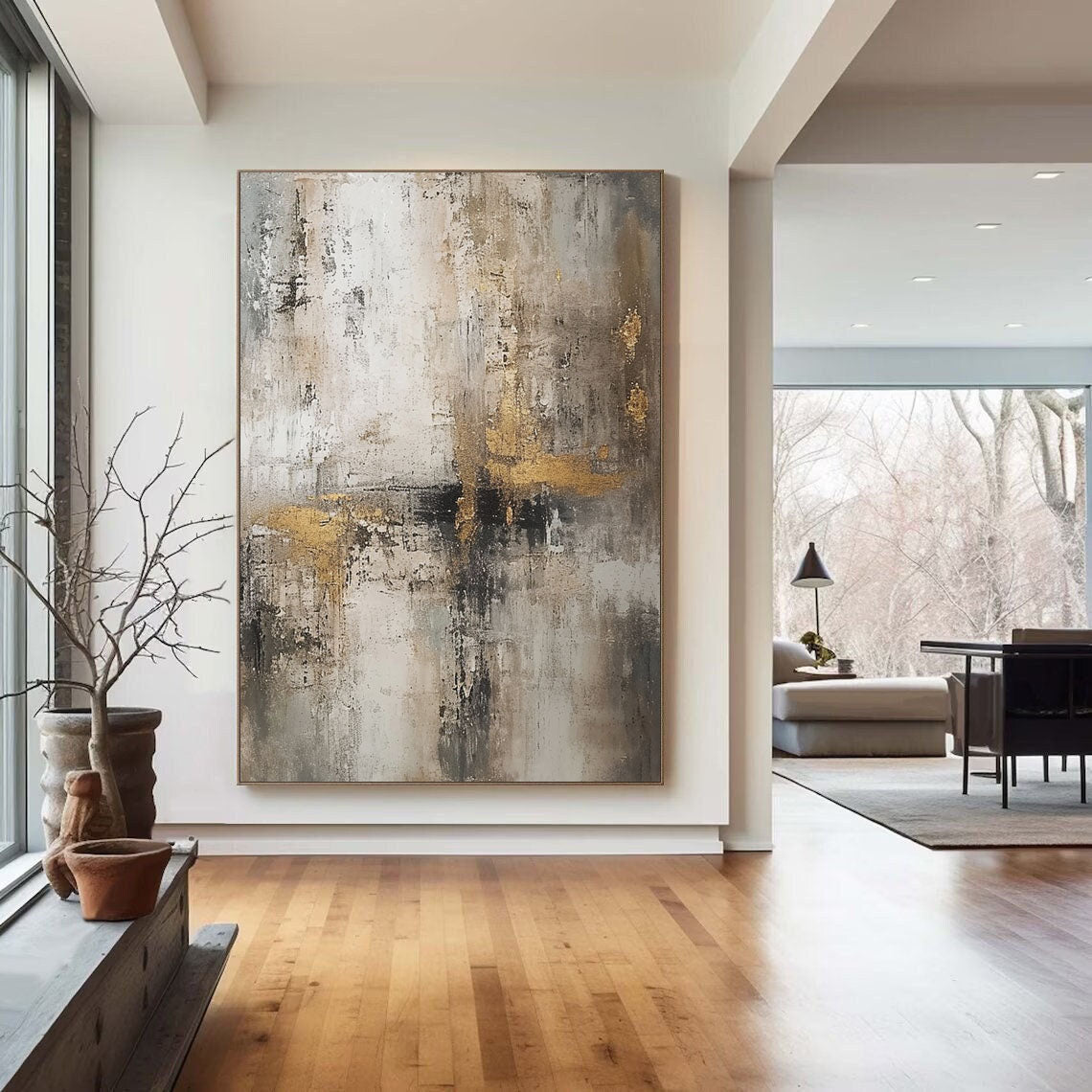 Large Gold and Grey Abstract Painting – Textured Oil Canvas for Modern Interiors
