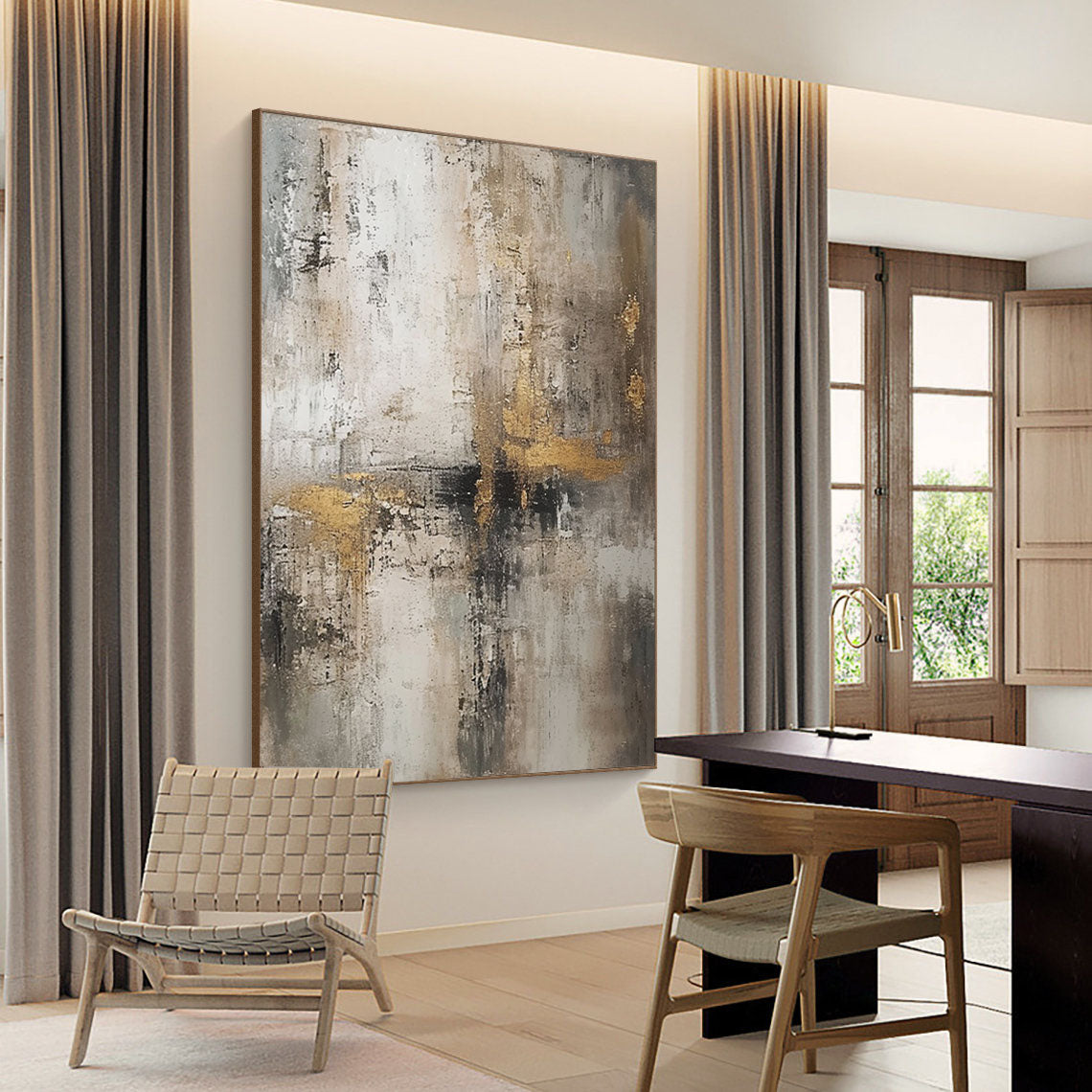 Large Gold and Grey Abstract Painting – Textured Oil Canvas for Modern Interiors