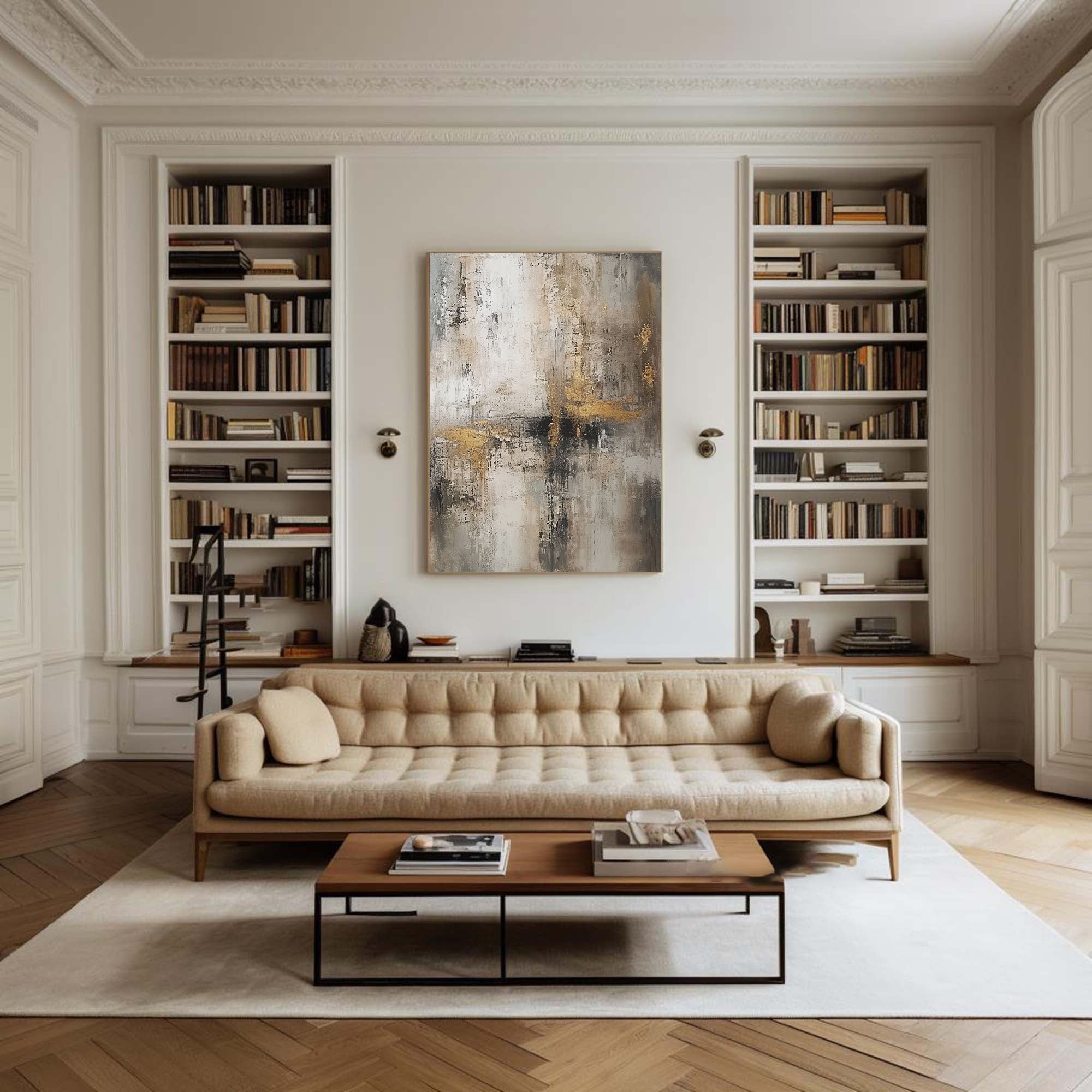 Large Gold and Grey Abstract Painting – Textured Oil Canvas for Modern Interiors