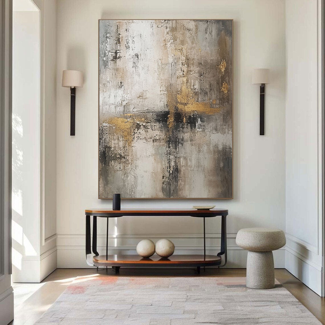 Large Gold and Grey Abstract Painting – Textured Oil Canvas for Modern Interiors