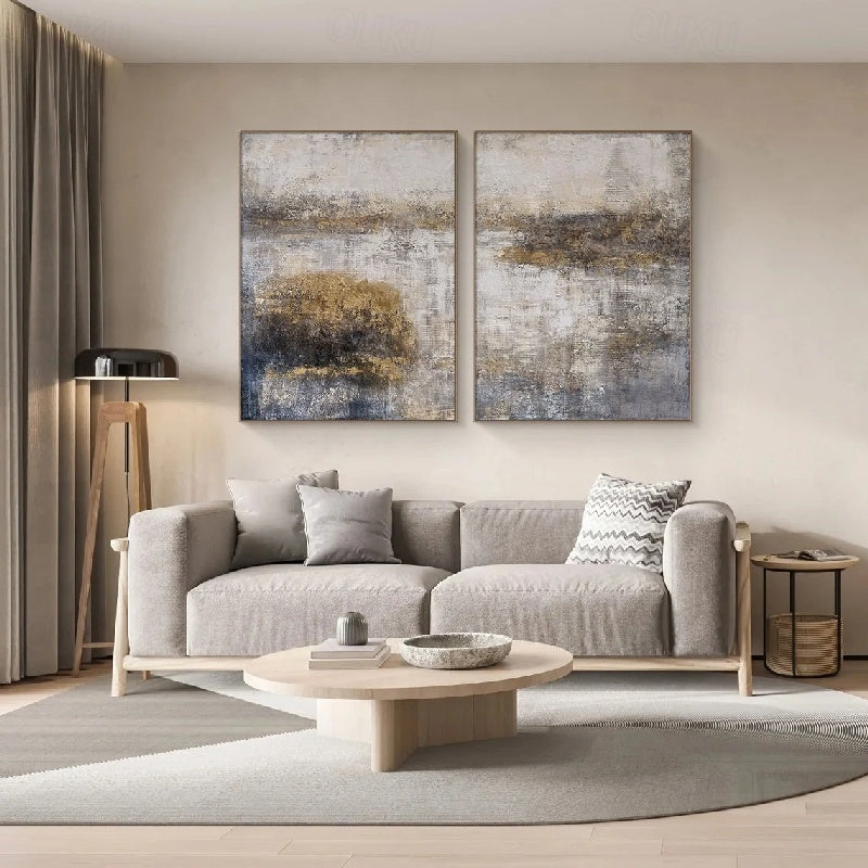 Golden Mist Abstract Textured Canvas Wall Art - Vertical Neutral Décor(right) #iris1123