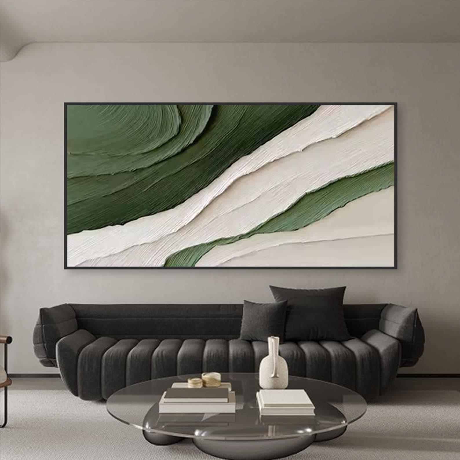Serene Layers – Textured Green & White Oil Painting | Modern Wall Art