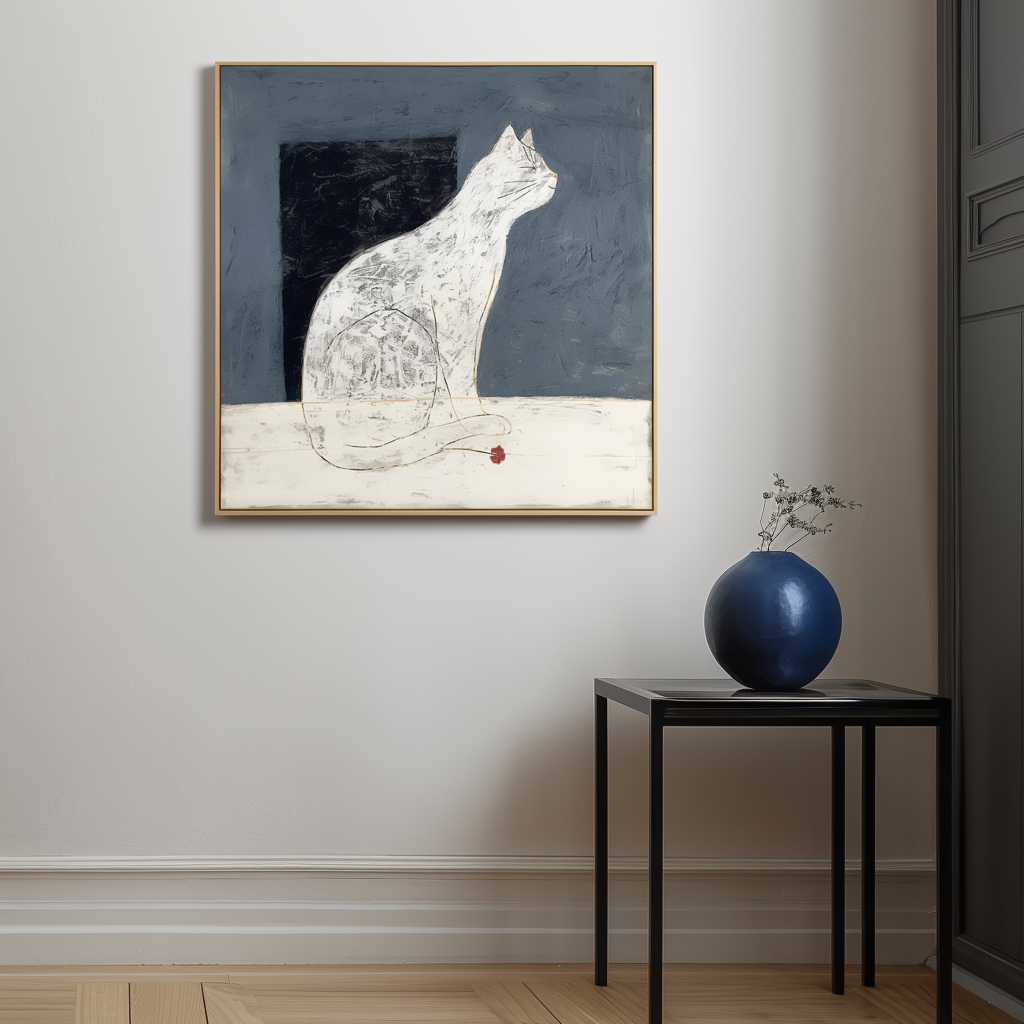 Silent Gaze-Wabi-Sabi White Cat Art Painting on Dark Background - Home Wall Decor