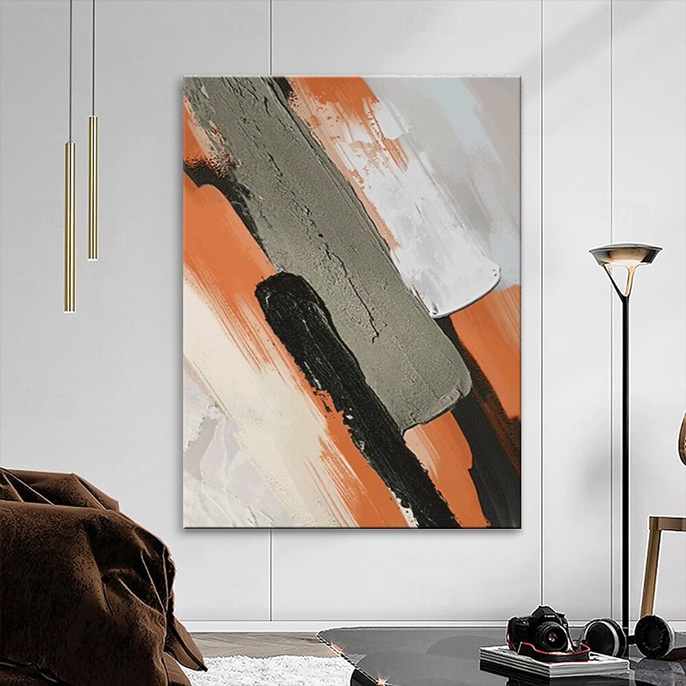 Striking Earthy - Large Textured Abstract Vertical Canvas Wall Art: Orange, Black & Gray Brushstroke Decor for Modern Interiors