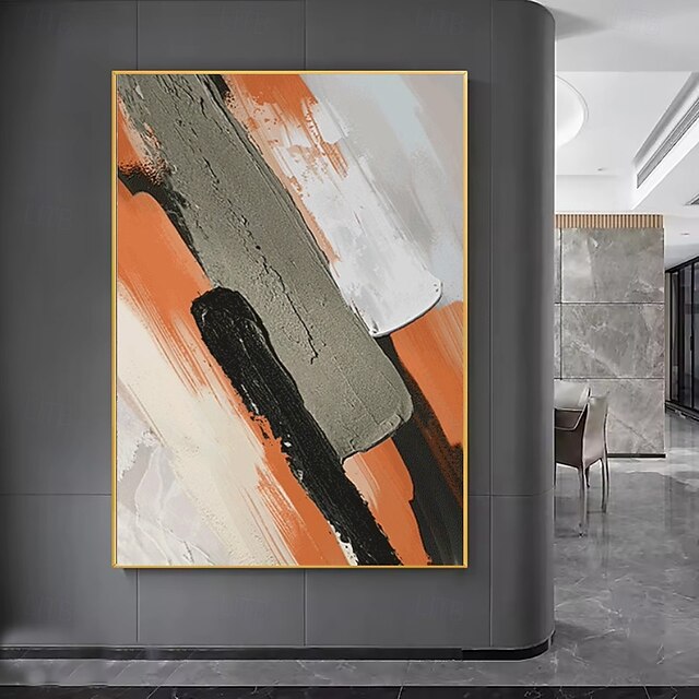 Striking Earthy - Large Textured Abstract Vertical Canvas Wall Art: Orange, Black & Gray Brushstroke Decor for Modern Interiors