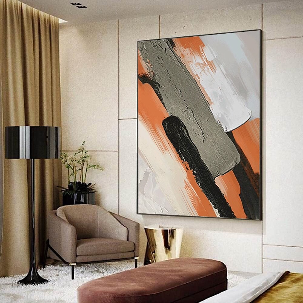 Striking Earthy - Large Textured Abstract Vertical Canvas Wall Art: Orange, Black & Gray Brushstroke Decor for Modern Interiors