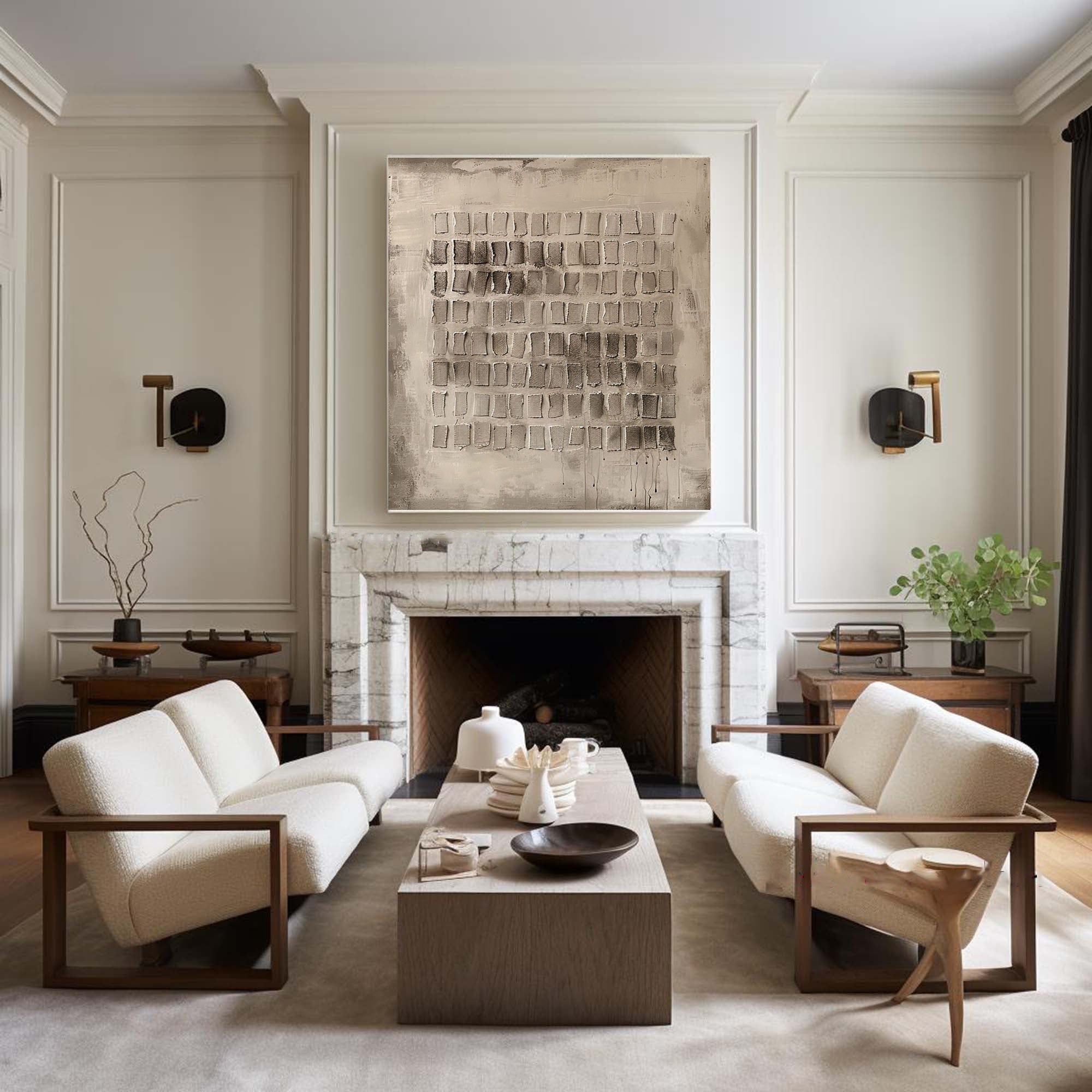 Grid Harmony-Wabi Sabi Abstract Painting in Neutral Earth Tones for Living Room