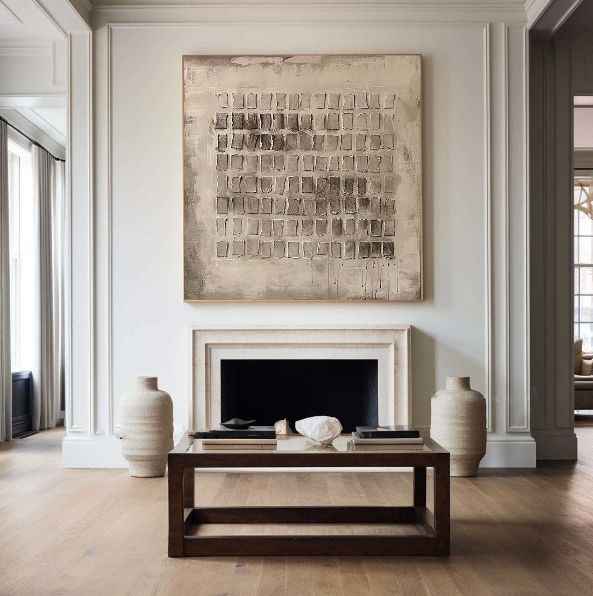 Grid Harmony-Wabi Sabi Abstract Painting in Neutral Earth Tones for Living Room