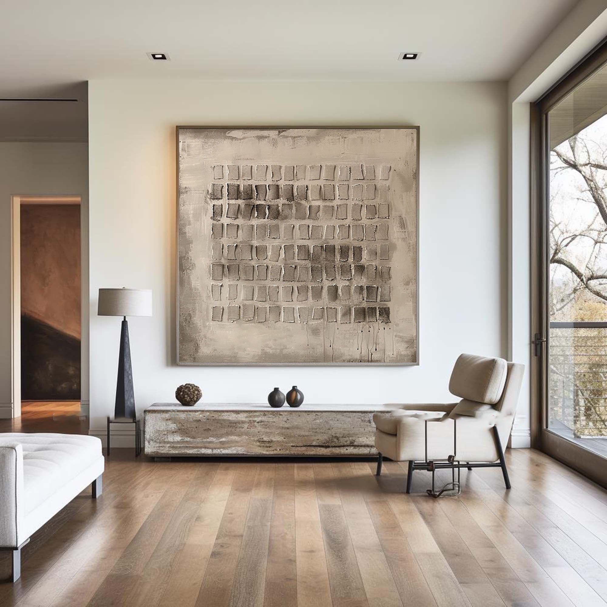 Grid Harmony-Wabi Sabi Abstract Painting in Neutral Earth Tones for Living Room