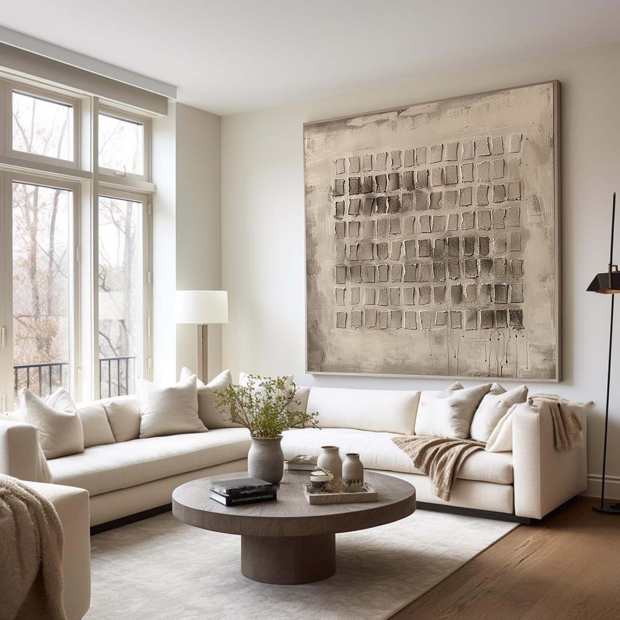 Grid Harmony-Wabi Sabi Abstract Painting in Neutral Earth Tones for Living Room