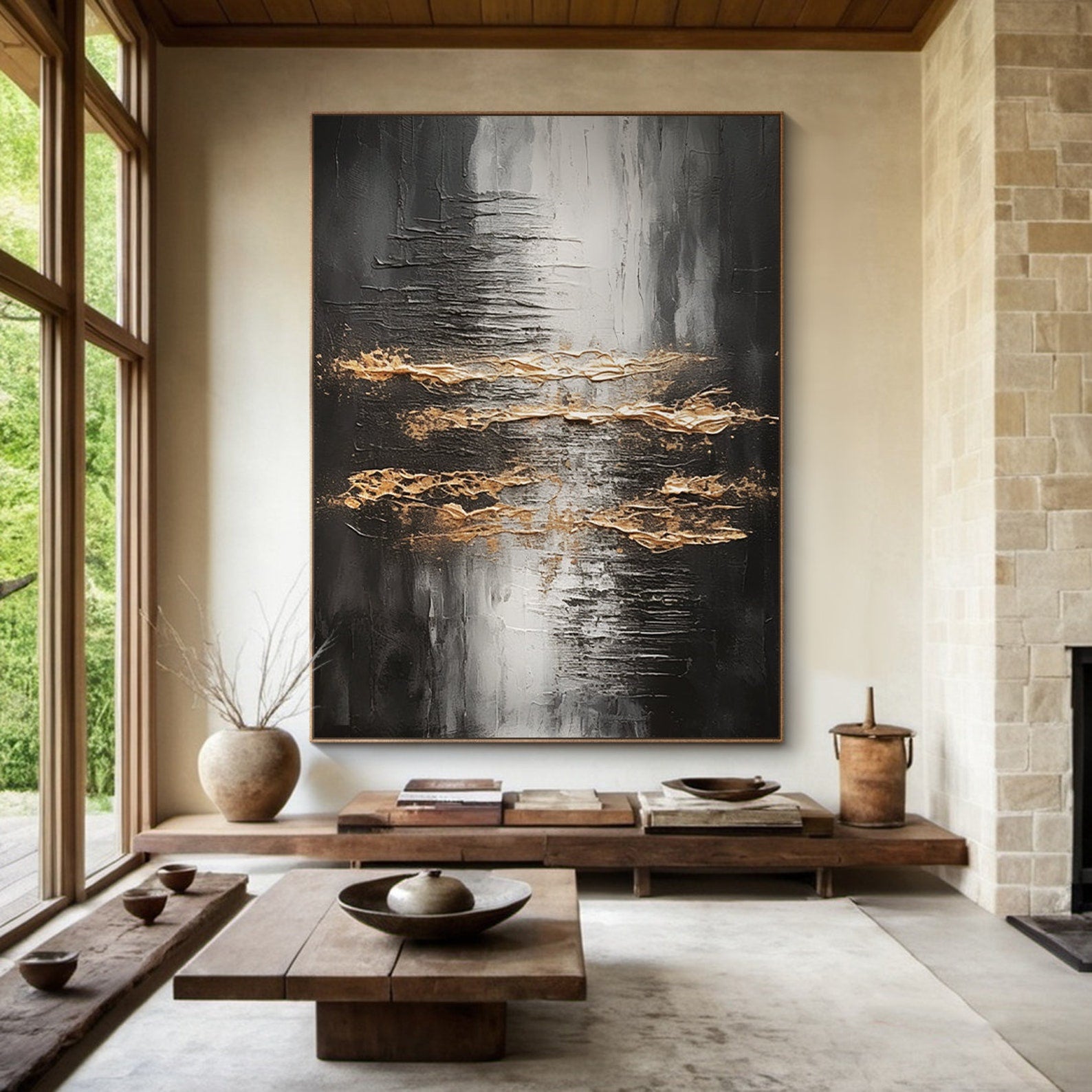 Veil of Horizons-Black Gold Abstract Oil Painting | Textured Modern Wall Art