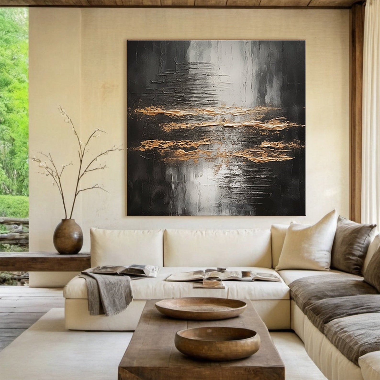 Veil of Horizons-Black Gold Abstract Oil Painting | Textured Modern Wall Art