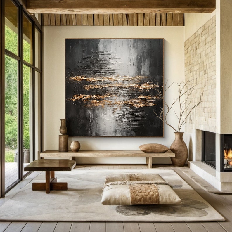 Veil of Horizons-Black Gold Abstract Oil Painting | Textured Modern Wall Art