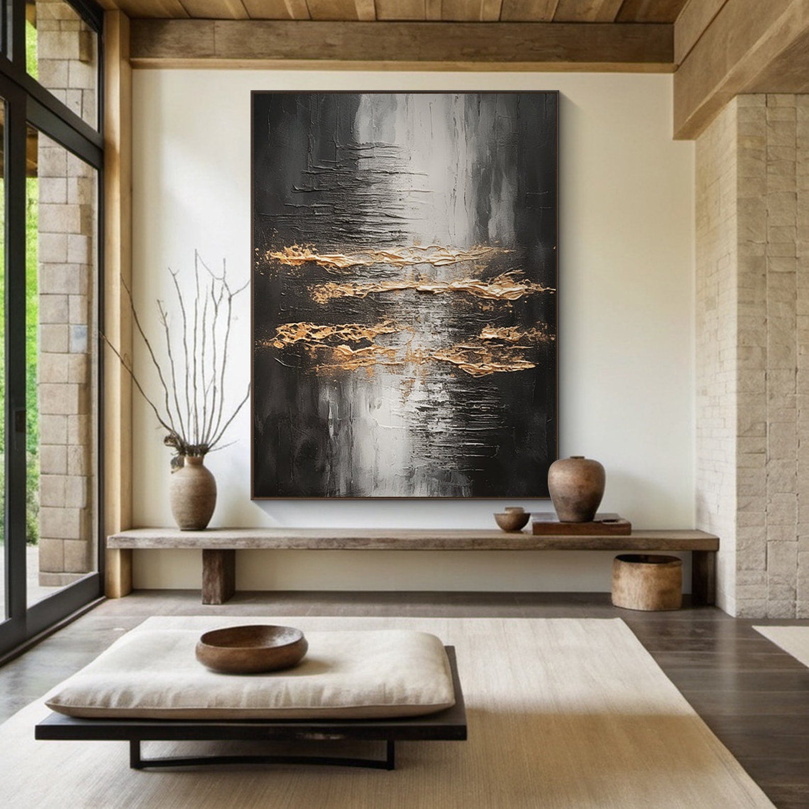 Veil of Horizons-Black Gold Abstract Oil Painting | Textured Modern Wall Art