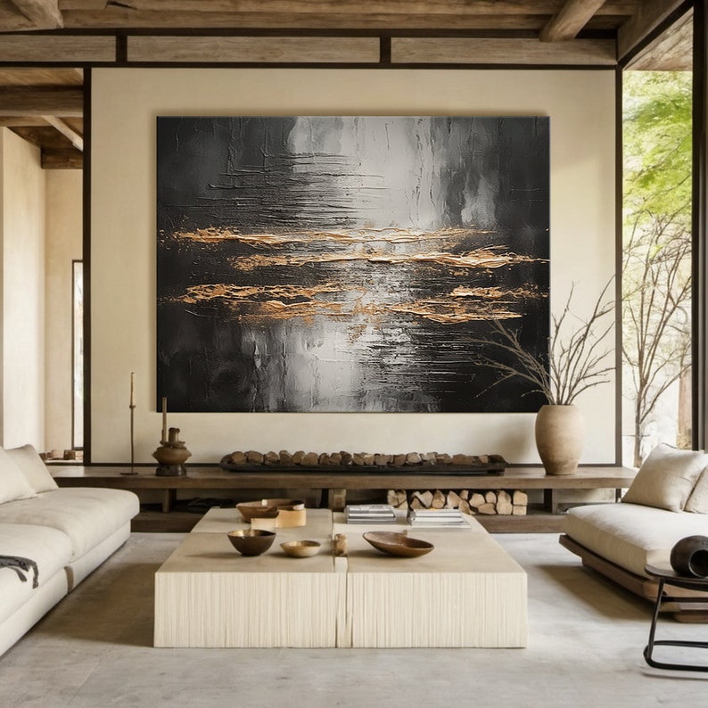 Veil of Horizons-Black Gold Abstract Oil Painting | Textured Modern Wall Art