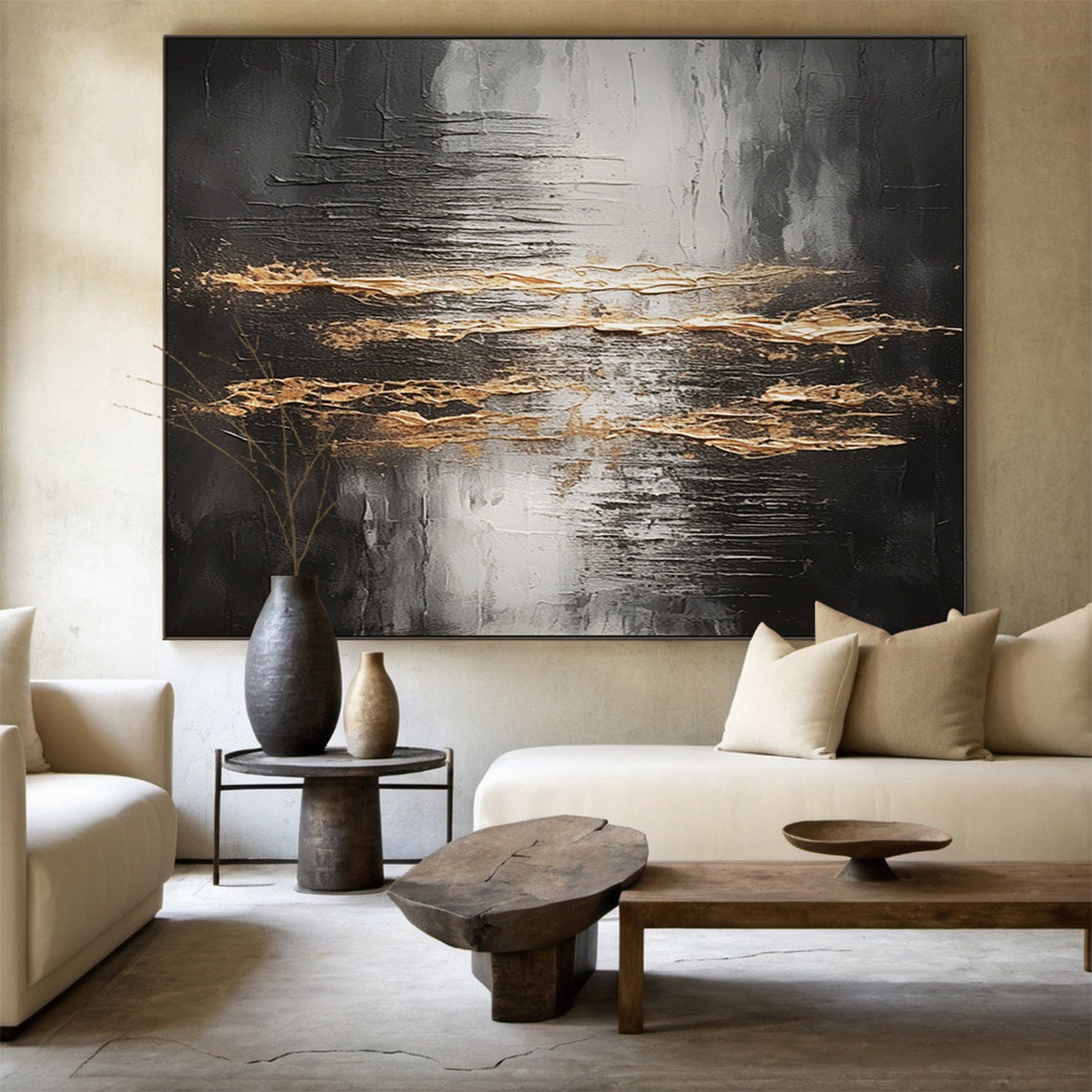 Veil of Horizons-Black Gold Abstract Oil Painting | Textured Modern Wall Art
