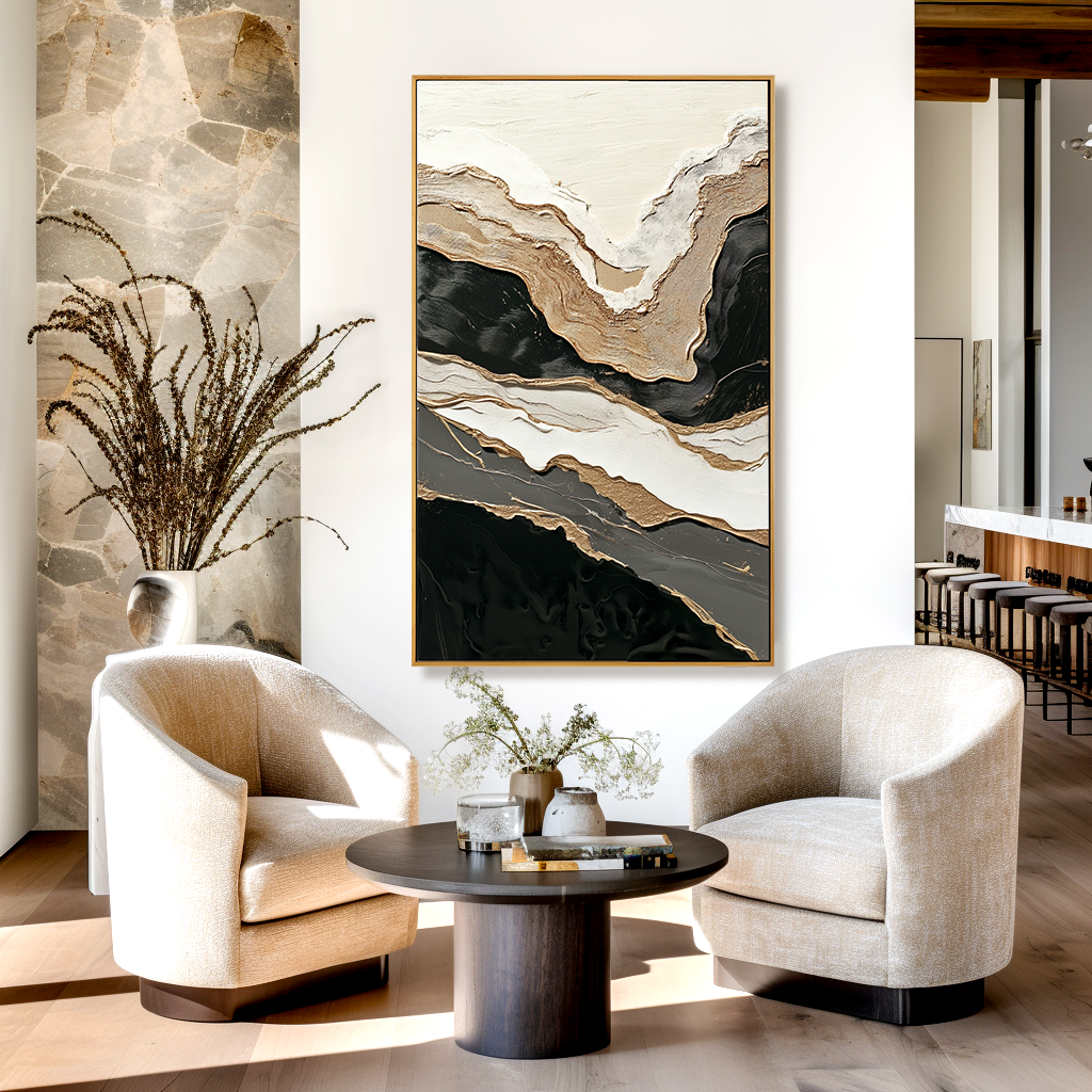 Black white abstract textured painting with layered gold accents