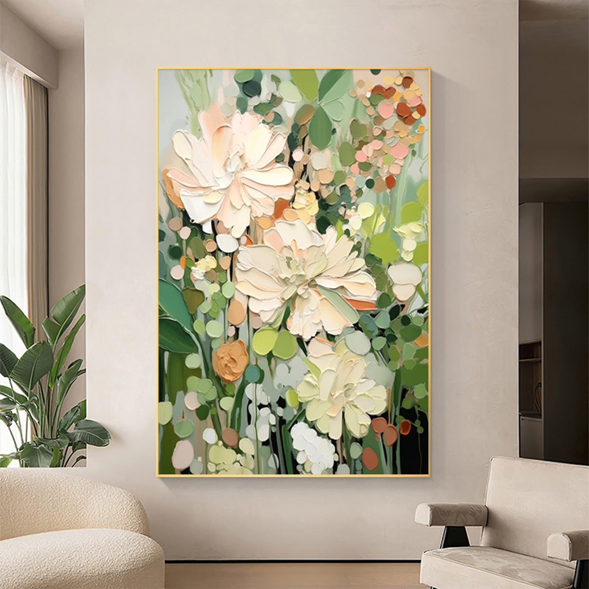 Enchanted Blooms Abstract Floral Canvas – Hand-Painted Vertical Wall Art for Living Room