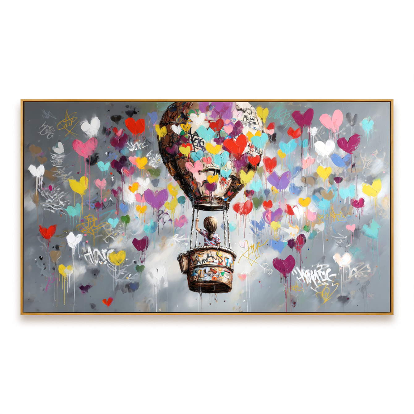 Colorful hot air balloon wall art with hearts floating in the sky