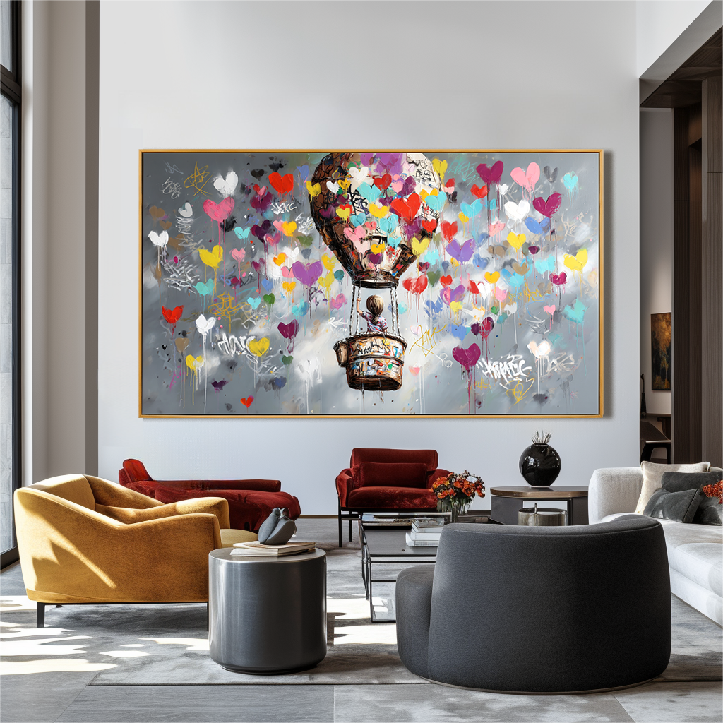 Colorful hot air balloon wall art with hearts floating in the sky