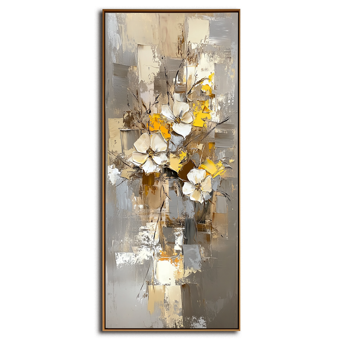 Blooming Harmony-Abstract Flower Painting, Vertical Yellow & Beige Flower Art for Home Wall Decoration