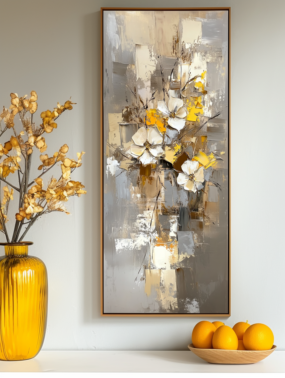 Blooming Harmony-Abstract Flower Painting, Vertical Yellow & Beige Flower Art for Home Wall Decoration