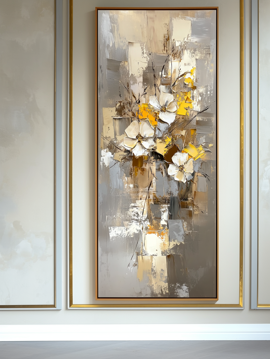 Blooming Harmony-Abstract Flower Painting, Vertical Yellow & Beige Flower Art for Home Wall Decoration