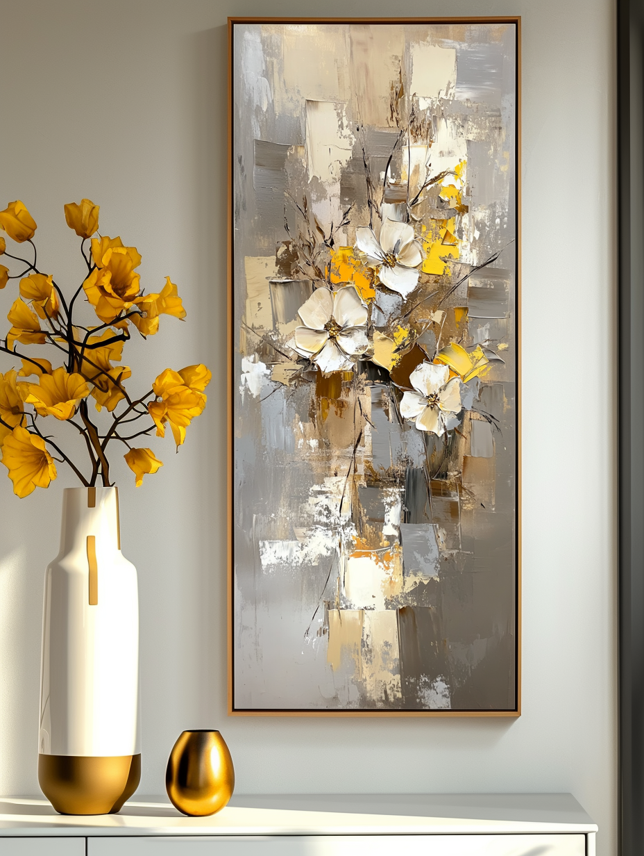Blooming Harmony-Abstract Flower Painting, Vertical Yellow & Beige Flower Art for Home Wall Decoration