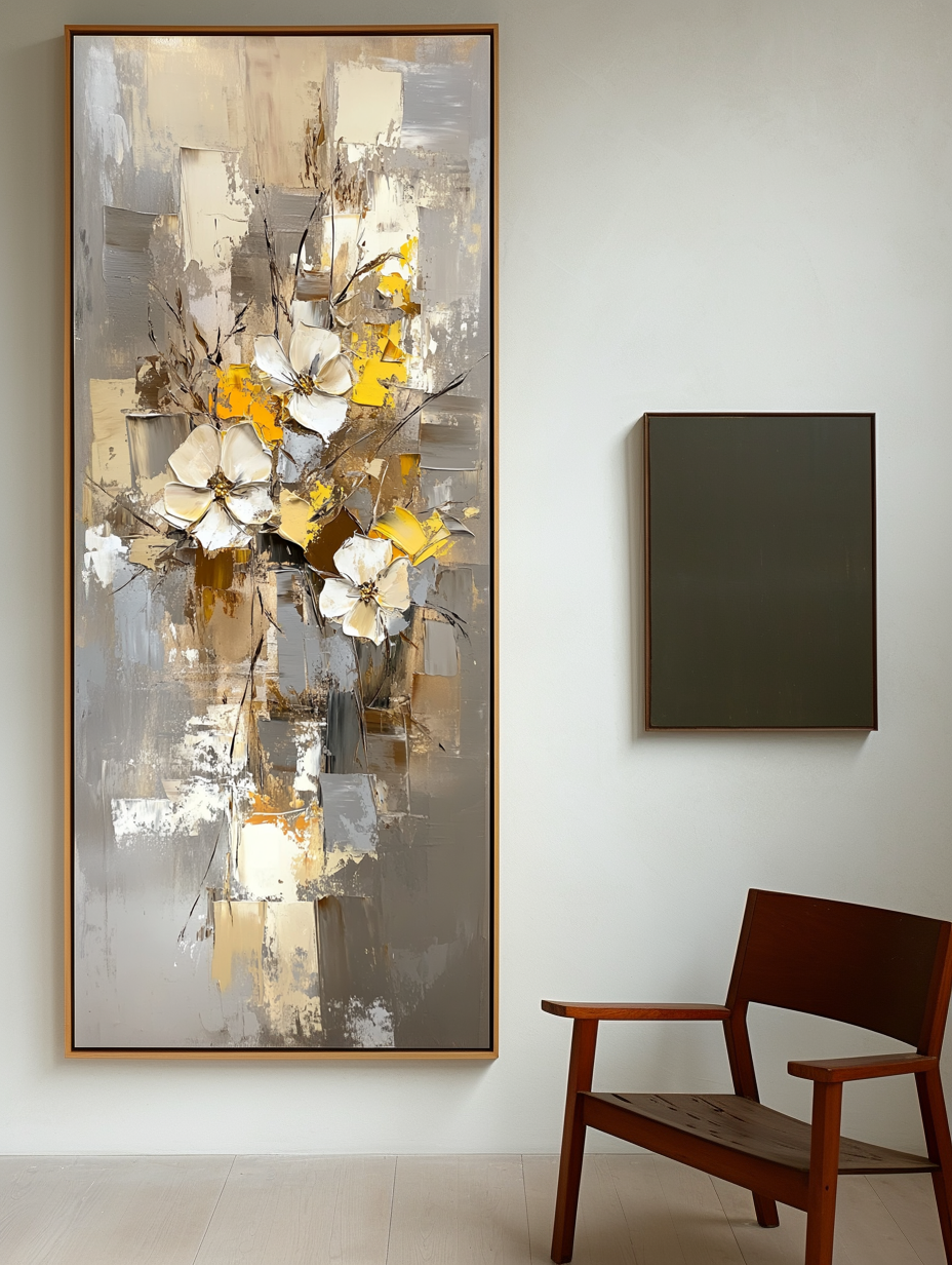 Blooming Harmony-Abstract Flower Painting, Vertical Yellow & Beige Flower Art for Home Wall Decoration