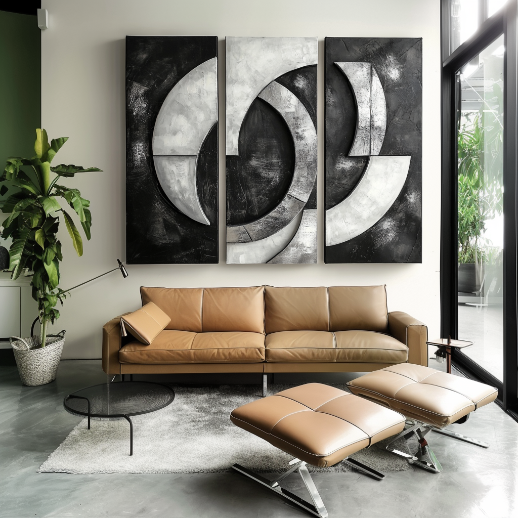 Celestial Echo-Black and White Geometric Abstract 3 - Panel Oil Painting - Modern Textured Wall Art for Home Decoration