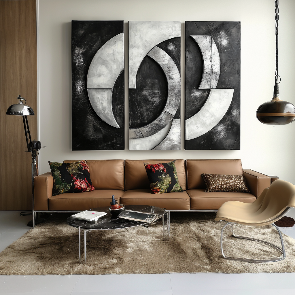 Celestial Echo-Black and White Geometric Abstract 3 - Panel Oil Painting - Modern Textured Wall Art for Home Decoration