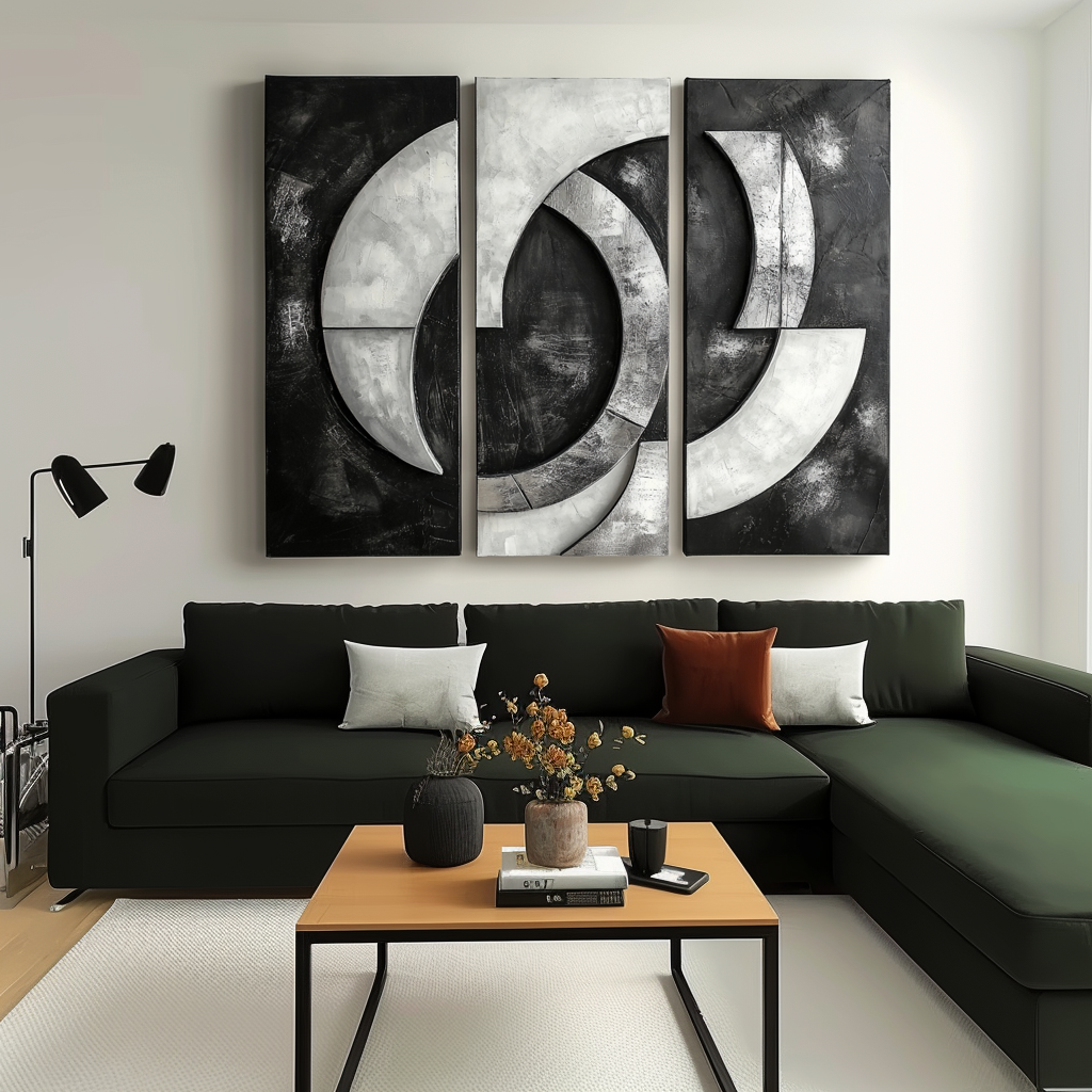 Celestial Echo-Black and White Geometric Abstract 3 - Panel Oil Painting - Modern Textured Wall Art for Home Decoration