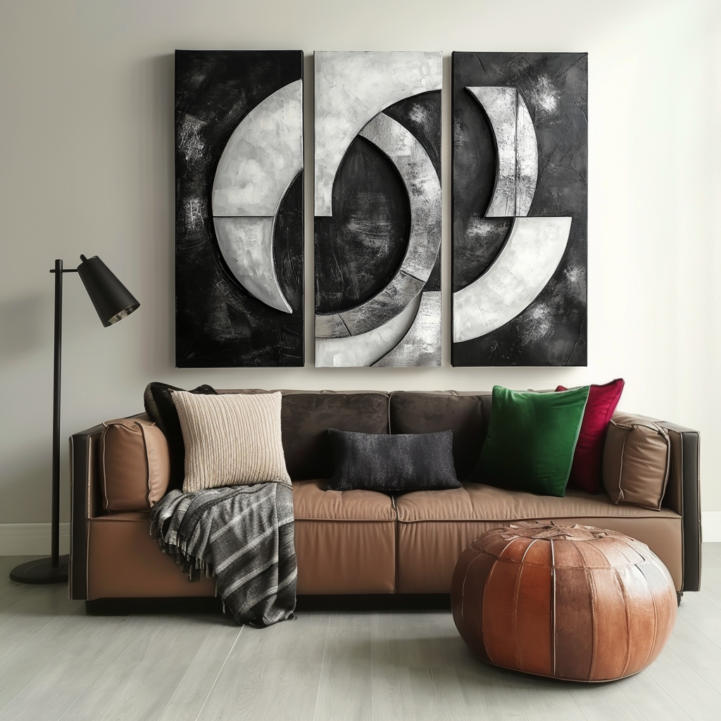 Celestial Echo-Black and White Geometric Abstract 3 - Panel Oil Painting - Modern Textured Wall Art for Home Decoration
